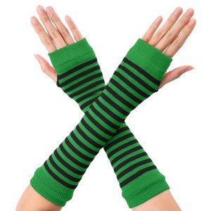 Allegra K Women's Stripe Print Knitted Fingerless Elbow Length Gloves Warmers One Size 1 Pair - 1 of 4
