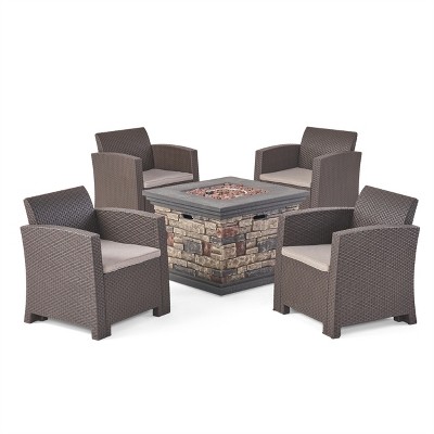 Christopher Knight Home Rosedale Outdoor Polypropylene and Lightweight Concrete 4 Seater Chat Set with Fire Pit