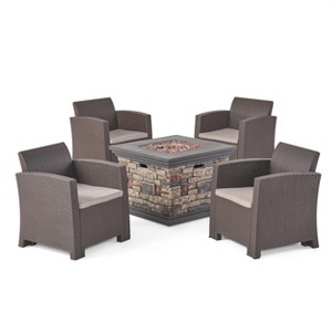 Christopher Knight Home Rosedale Outdoor Polypropylene and Lightweight Concrete 4 Seater Chat Set with Fire Pit - 1 of 4