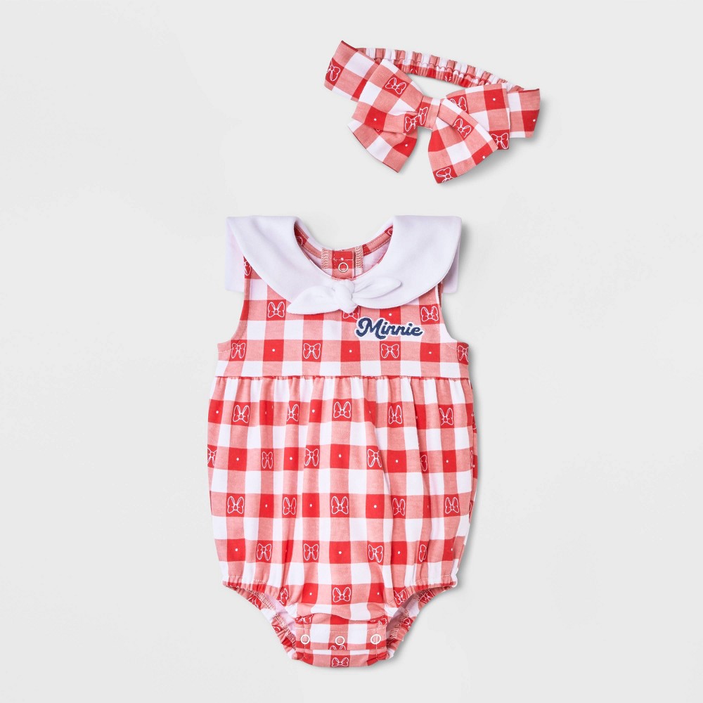 Baby Girls' 2pc Disney Minnie Mouse Gingham Romper & Headband Set - Red 12M
