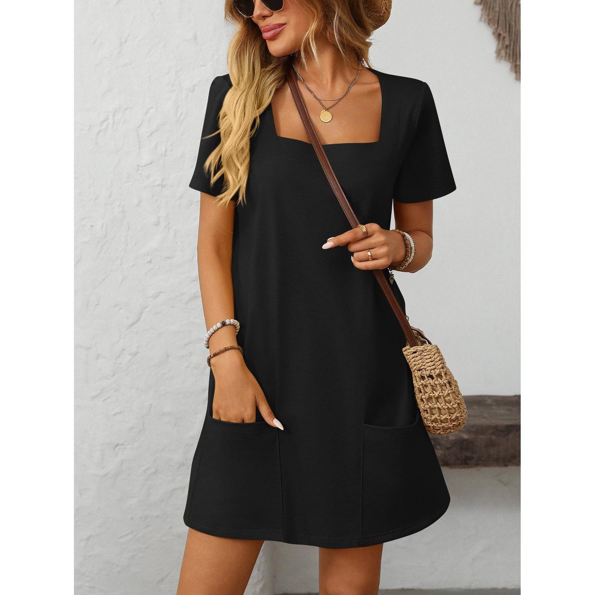 Женские платья EadianDree Women Dress Trendy Square Neck Short Sleeve Solid Color Summer Mini Dresses with Pockets,Black,Small — фото 6