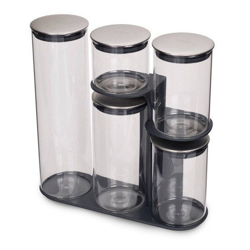 Joseph Joseph Podium 100 Dry Food Storage Container Stand, 5-Piece Set,  Stainless-Steel/Glass