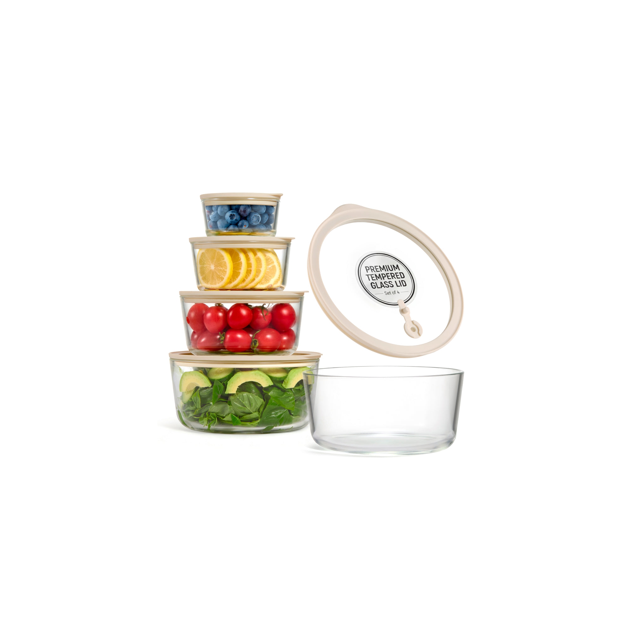 Kook Glass Nesting Bowl Set with Lids, Clear/Sand, Set of 4 (7/17/32/50 oz)
