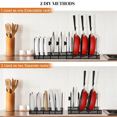 LunaLulinlk Expandable Pots and Pans Lid Organizer Rack, Kitchen Cabinet Pantry Bakeware Organizer and Storage Holder with 10 Adjustable Compartments