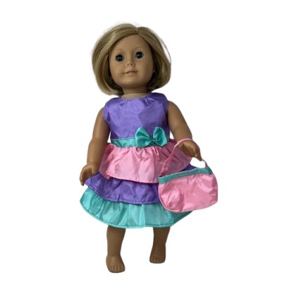 Lavender Bodice Doll Dress with Colorful Ruffle Skirt, Mint Bow & Matching Purse