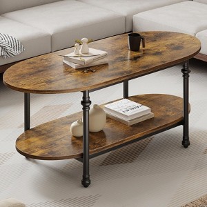 Nasitip Oval Coffee Table, 2-Tier Mid-Century Low Coffee Table with Storage Shelf for Living Room or Office, 47.2", Brown/Gray - 1 of 4