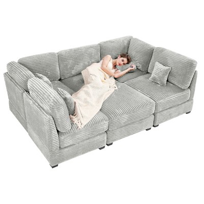 123'' Plush Corduroy U-Shaped Modular Sectional Sofa with Sofa Bed Chaise, Deep Seat 6-Seater Cloud Couch