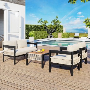 Osparple Outdoor Patio Furniture Set Loveseat Metal Iron Frame Rattan Decoration Chairs with Cushions and Coffee Table for Terrace, Garden - 1 of 2