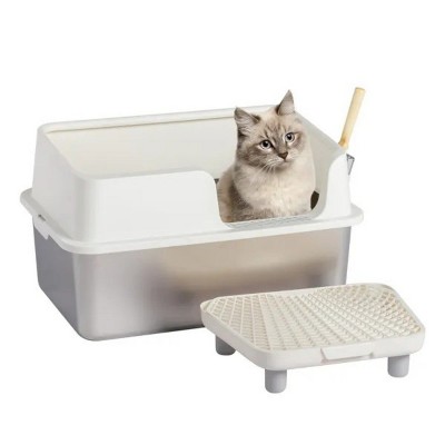 LunaLulink Stainless Steel Litter Box with Lid, Extra Large Litter Box for Big Cats, Litter Box with Pedal Filter and Scoop for Easy Cleaning, White