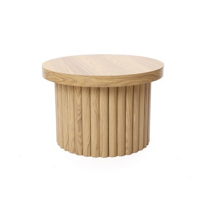 LuxenHome Brown Wood Fluted Round Coffee Table, 23.6" Wide Modern End Table for Living Room Round Wood Accent Table Bedroom Office