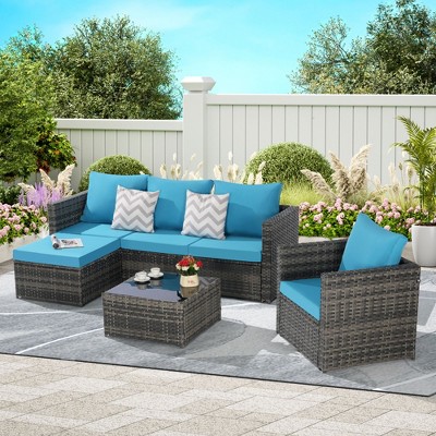 3-Piece Outdoor Patio Furniture Set: Woven L-Shaped Sectional, Wicker Conversation Group with Single Sofa and Detachable Lounger & Coffee Table