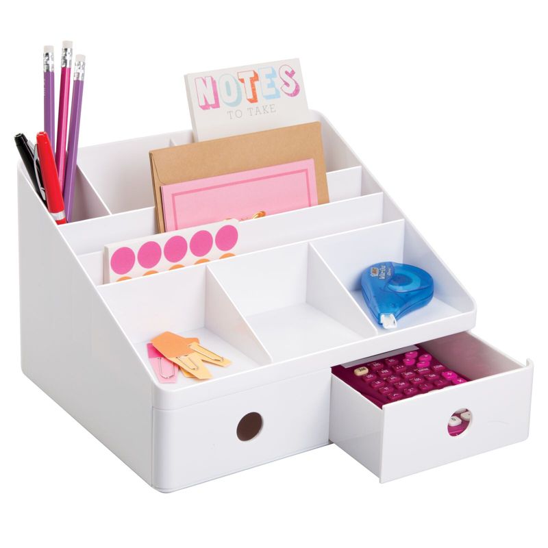 mDesign Large Plastic Divided Home Office Desk Organizer with 2 Drawers - White, 1 of 8