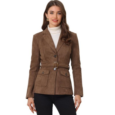 Allegra K Women's Suede Vest Cardigan Belted Long Jacket Sleeveless Blazer  X-Small Brown at  Women's Coats Shop