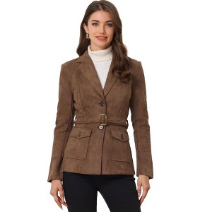 INSPIRE CHIC Women's Faux Suede Belted Lapel Single Breasted Work Outwear Blazer - 1 of 4