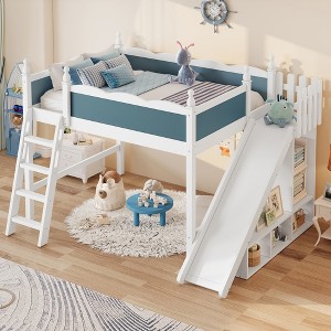 KWPZQEB Loft Bed, Solid Wood Loft Bed with High Guard Rail, Storage Shelves & Cabinet, Low Loft Bed Frame with Detachable Slide & Ladders - 1 of 4