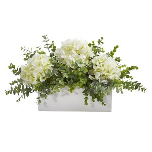 Nearly Natural 15-in Hydrangea and Eucalyptus Artificial Arrangement in White Vase - 1 of 2