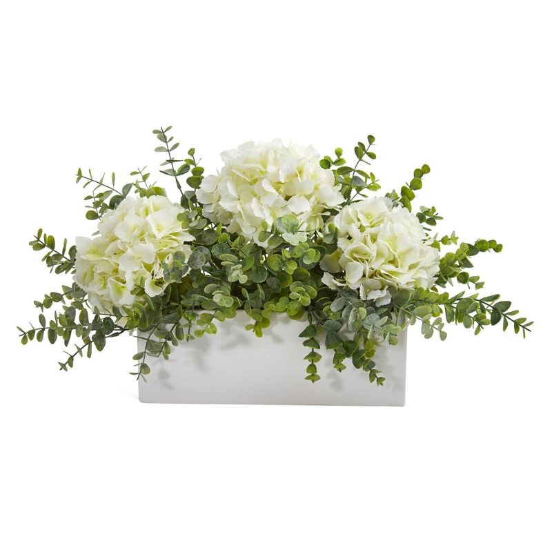 Nearly Natural 15-in Hydrangea and Eucalyptus Artificial Arrangement in White Vase, 1 of 3