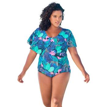 Swim 365 Women's Plus Size Flutter-sleeve One-piece - 26, Blue Tropical  Floral : Target