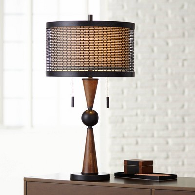 Adjustable Bronze and Cherry Wood Table Lamp with Double Drum Shade