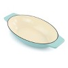 Gibson 2 Piece Enameled Cast Iron Oval Casserole Birch Wood Trivet Set in Aqua - 3 of 4