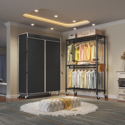 Black Heavy Duty Rolling Garment Rack with Cover and Wire Shelving