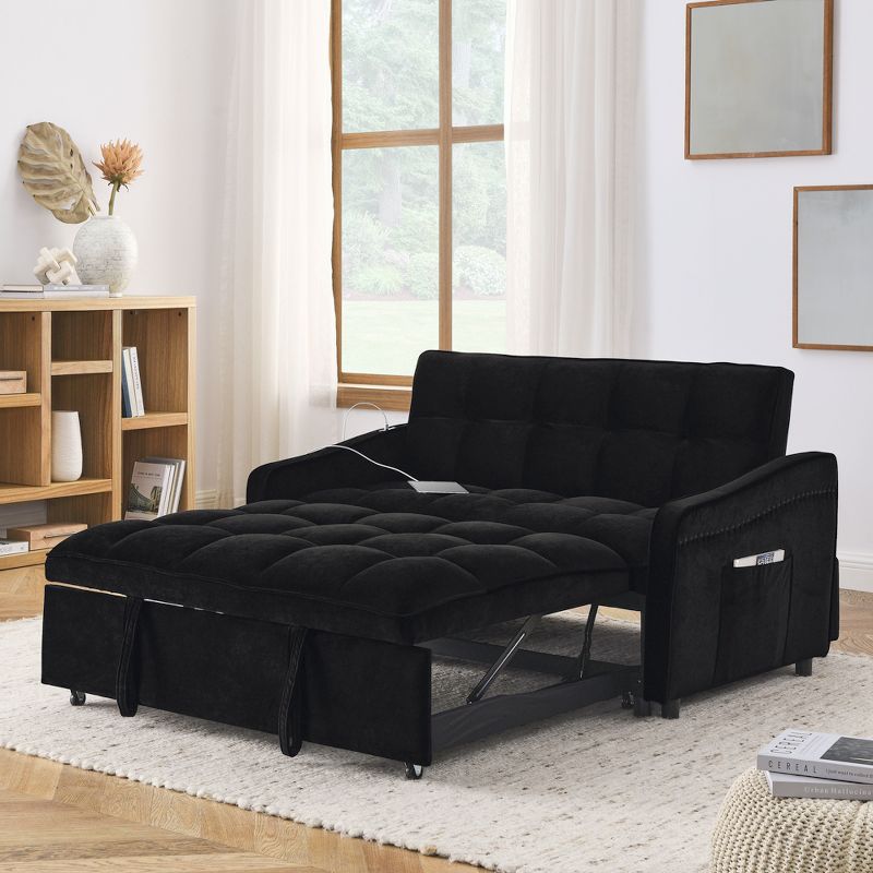 53" Pull-Out Sleeper Sofa Bed With TypeC and USB Charging, Upholstered Loveseats Sofa with Adjsutable Back and Two Arm Pocket - ModernLuxe, 2 of 15