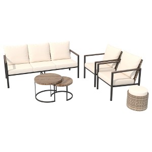 YARDSIGHT 5-Piece Outdoor Conversation Set with 3-Seat Sofa, 2 Armchairs, Ottoman, and Nesting Tables ¨C Blue Cushions & Handwoven Rattan - 1 of 4