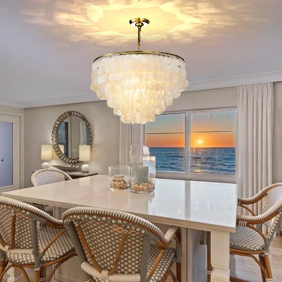 ALOADECOR Unique/Statement Coastal Natural Capiz Shell Round Tiered Chandelier