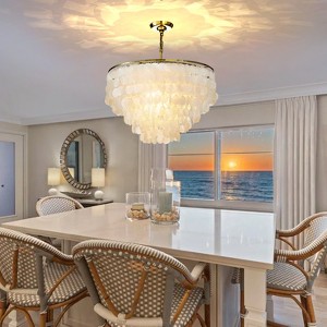 ALOADECOR Unique/Statement Coastal Natural Capiz Shell Round Tiered Chandelier - 1 of 4