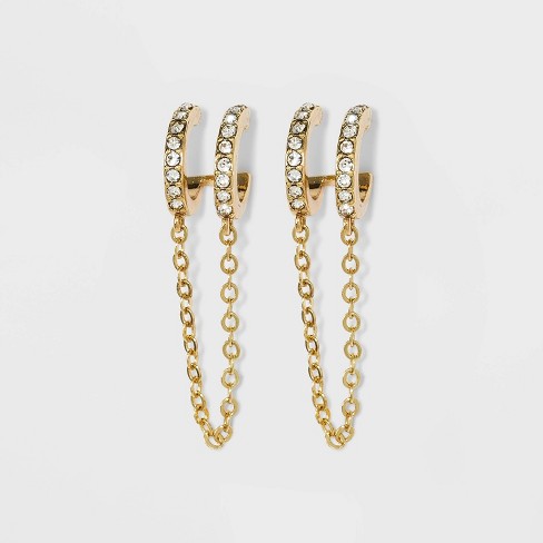 Push Earring Back Chain Dangle Earrings. Double Ring Earrings Delicate Earrings Double Pierced Earrings Double Piercing Long Earrings