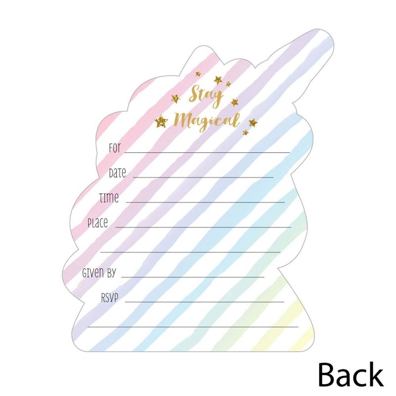 Big Dot of Happiness Rainbow Unicorn - Shaped Fill-in Invites - Magical Unicorn Baby Shower or Birthday Party Invite Cards with Envelopes - Set of 12, 3 of 7