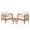 3 Piece Acacia Wood Outdoor Patio Chat Set with Cushions, Boho Tub Rope Patio Club Chair Set of 2 with Side Table for Porch Garden-Coolbibila - 3 of 4