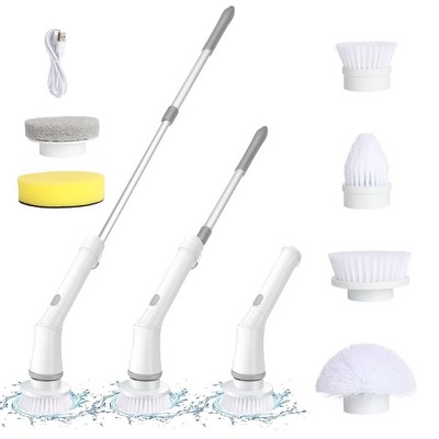 JANSNO Waterproof Cordless Power Cleaning Brush with 6 Replaceable Heads, Adjustable Handle, 45° Rotating Shaft, 2-Speed
