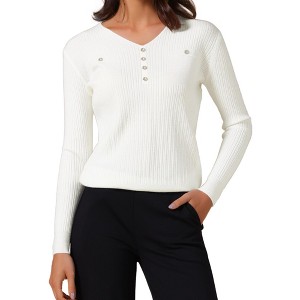 INSPIRE CHIC Women's Long Sleeve V Neck Button Decor Elegant Ribbed Knit Tops - 1 of 4