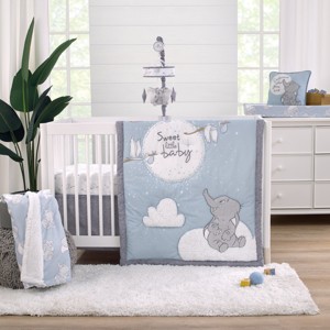 Disney Dumbo Sweet Little Baby Light Blue, Gray, and White Storks, Stars, Clouds and Moon 3 Piece Nursery Crib Bedding Set - 1 of 4
