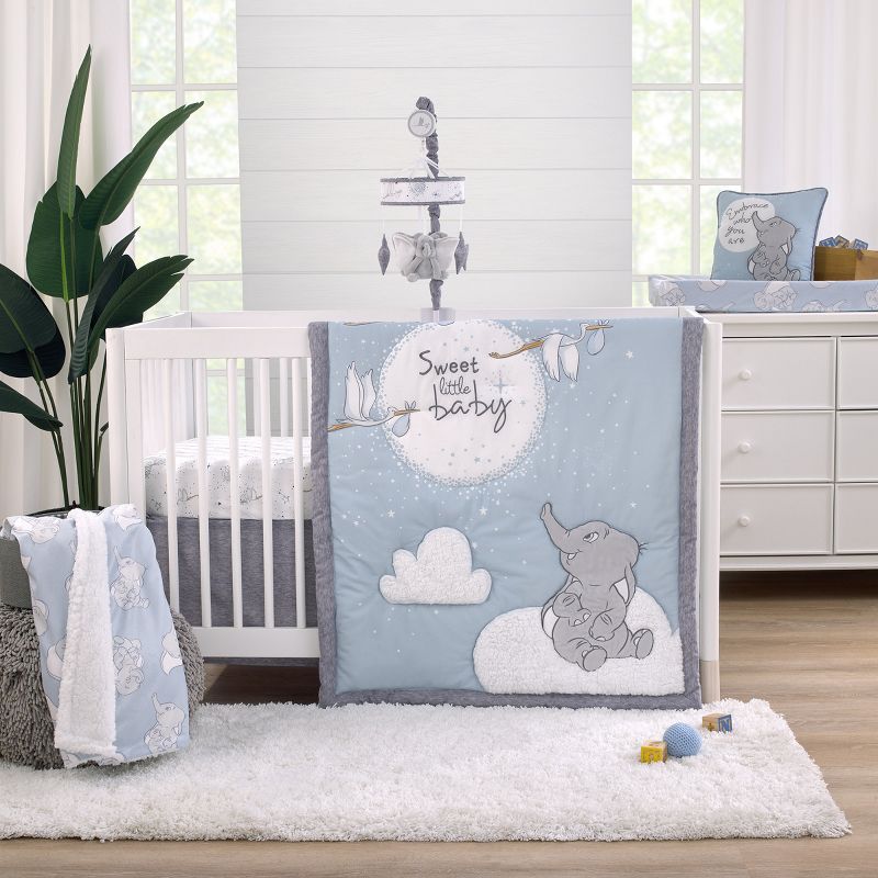 Disney Dumbo Sweet Little Baby Light Blue, Gray, and White Storks, Stars, Clouds and Moon 3 Piece Nursery Crib Bedding Set, 1 of 9