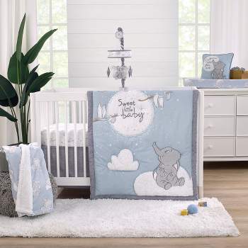 Disney Dumbo Sweet Little Baby Light Blue, Gray, and White Storks, Stars, Clouds and Moon 3 Piece Nursery Crib Bedding Set