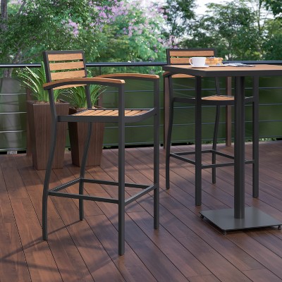Teak Faux Wood Poly Resin Slatted Bar Height Stool with Aluminum Frame