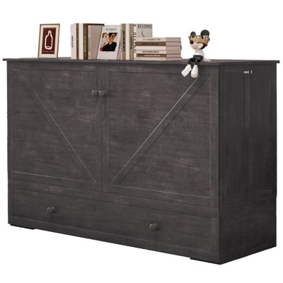 Mjkone Queen Size Murphy Bed With Large Storage Drawer, Cabinet Bed With Folding Mattress, Murphy Cube Chest Bed With Usb Charging Station