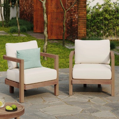 Outdoor Patio Wooden Club Arm Chair,Garden Backyard Tub Shape Fabric Upholstered Dining Armchair,Modern Curved Back Arm Chair-Coolbibila