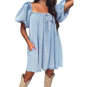EXLURA Womens Summer Denim Short Puff Sleeve Dresses Knit Loose Plus Size Short Mini Dress 2025 Trendy Outfit - 1 of 4
