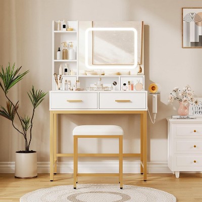 GAOMON Makeup Vanity Desk with Mirror and Lights, 4 Drawers, 2 Storage Shelves