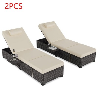 2PCS Outdoor PE Wicker Patio Chaise Pool Lounge Chairs with Adjustable Backrest