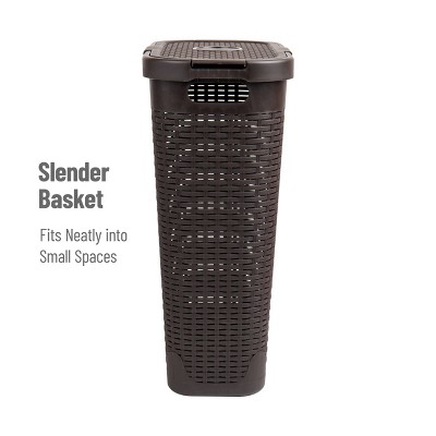 Brown Plastic Wicker Design Collapsible Laundry Basket with Lid