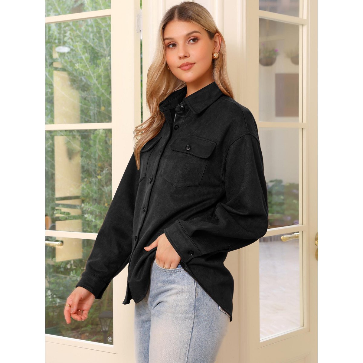 Женские куртки INSPIRE CHIC Women's Faux Suede Turn-Down Collar Long Sleeve Casual Button Down Shirt Jacket Small Brown — фото 4