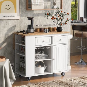 Kitchen Island with Power Outlet, Drop Leaf, Rubber Wood Top, Open Storage, Wine Rack, and 5 Wheels for Adjustable Home, Kitchen, and Dining Room Use - 1 of 4