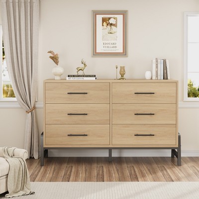 Dresser for Bedroom, 52" Wide Drawer, 6 Large Storage Space, Freestanding Wooden Closet Storage Dresser Chest for Living Room