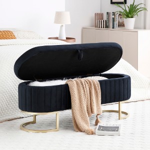 Lyngins Modern Storage Bench, Oval Ottoman with Storage, Velvet Upholstered End of Bed Bench with Golden Metal Legs, Storage Ottoman for Bedroom - 1 of 4