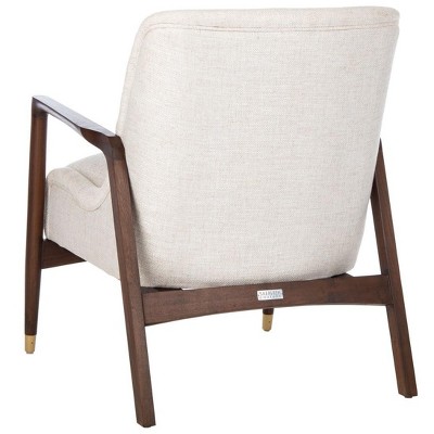 Scandinavian Cream Linen & Wood Transitional Accent Chair with Brass Tips