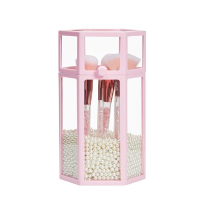 Glamlily Acrylic Cosmetic Makeup Brush Holder Organizer with Lid & Pearls (Pink, 4.9 x 8.5 In)